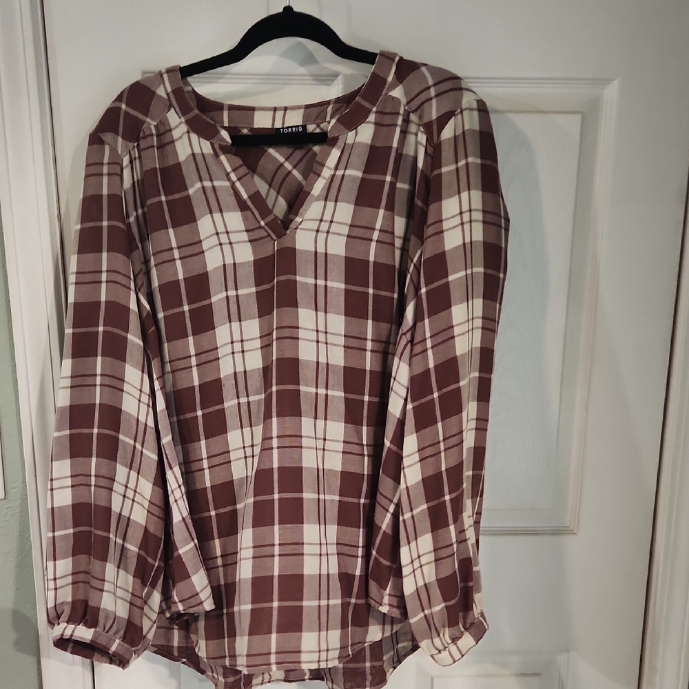 torrid Brown and Cream Plaid V-Neck Long Sleeve Top